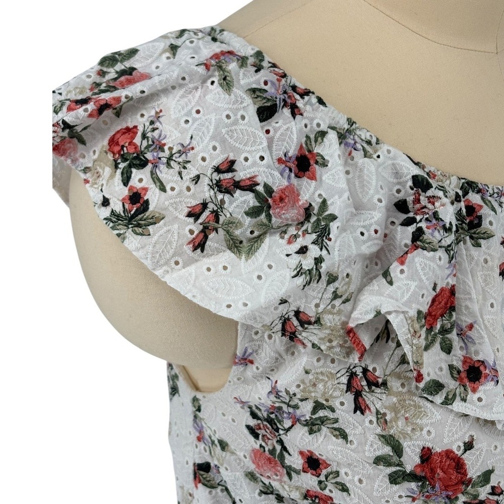 INC One Shoulder Blouse White Floral Eyelet Ruffle 100% Cotton 2X - Picture 4 of 8